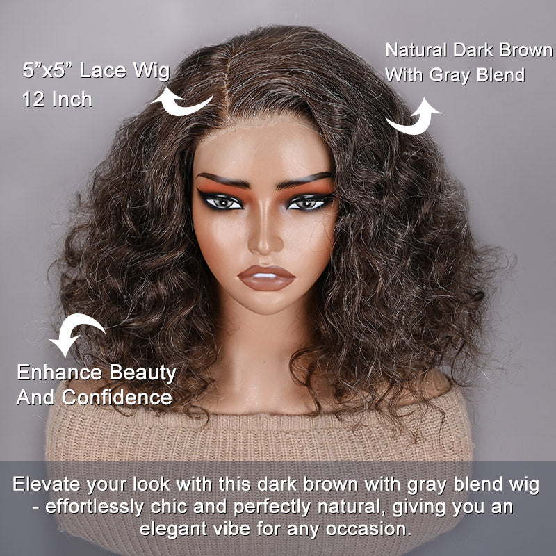 Dark Brown with Gray Water Wave Bob Human Hair Wig Ready-to  display picture 1
