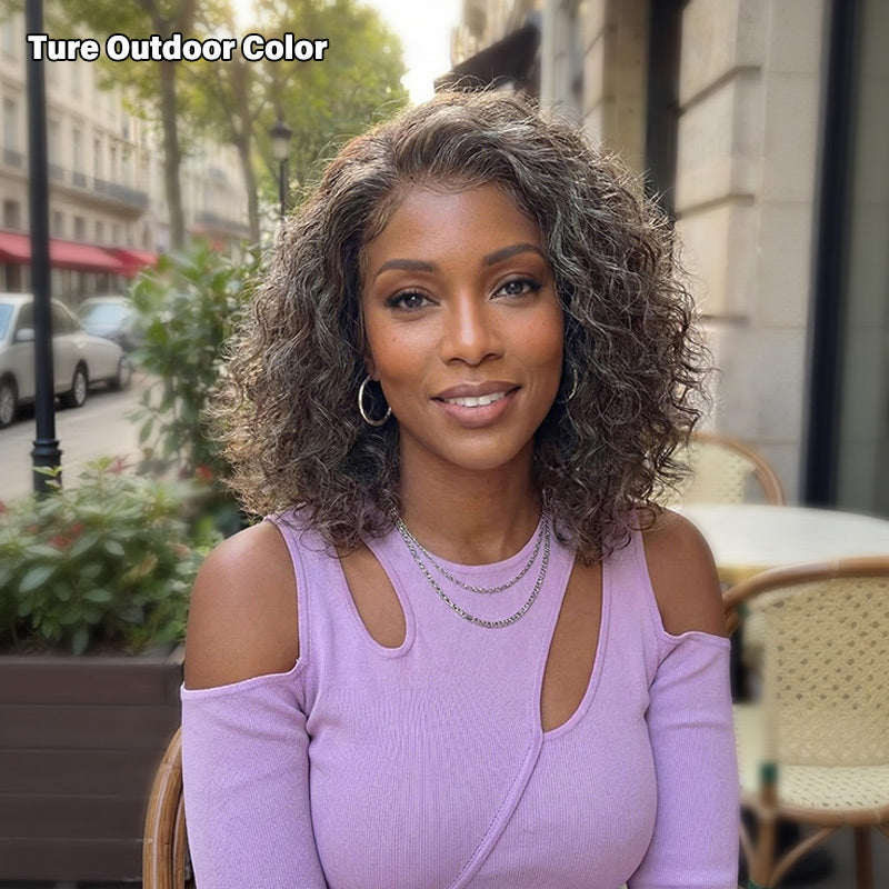 Dark Brown with Gray Water Wave Bob Human Hair Wig Ready-to  display picture 1