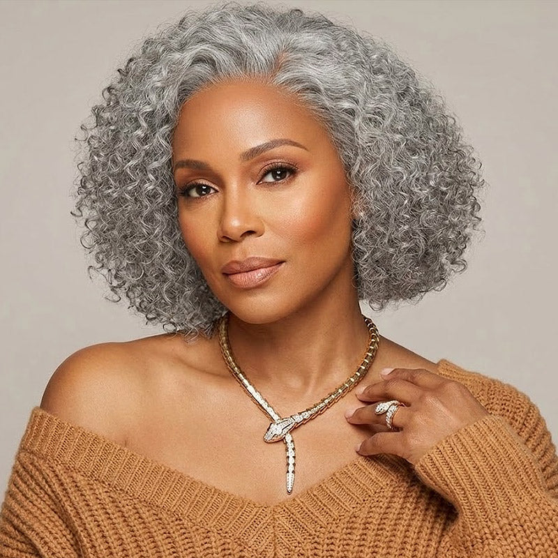 Soul lady wigs | Ruby | Short Jerry Curly Gray Wig | Real Salt & Pepper Human Hair Glueless Lace Wigs For Mature & Stylish Women over 50 year old-model  fashion siver women over 60