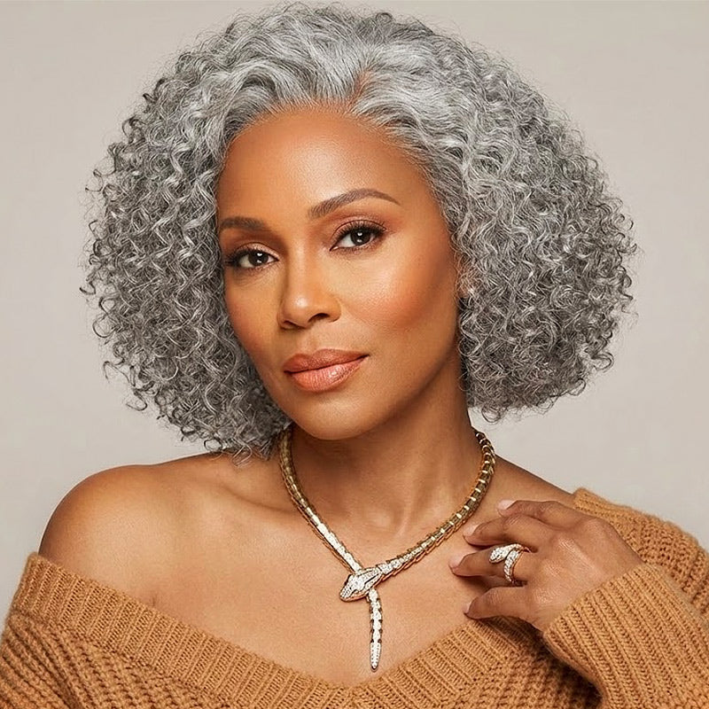 Soul lady wigs | Ruby | Short Jerry Curly Gray Wig | Real Salt & Pepper Human Hair Glueless Lace Wigs For Mature & Stylish Women over 50 year old-model  fashion siver women over 60