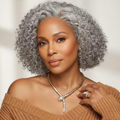 Soul lady wigs | Ruby | Short Jerry Curly Gray Wig | Real Salt & Pepper Human Hair Glueless Lace Wigs For Mature & Stylish Women over 50 year old-model  fashion siver women over 60
