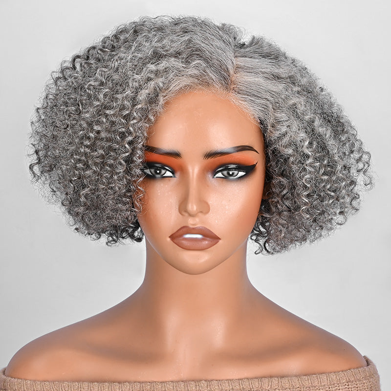Soul lady wigs | Short Jerry Curly Gray Wig | Real Salt & Pepper Human Hair Glueless Lace Wigs For Mature & Stylish Women | Silver Gray Closure Wig 8 inch