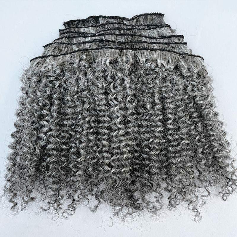 Soul Lady Wigs Silver Gray Jerry Curly Human Hair Clip In Hair Extensions 6 Pieces/Set Salt And Pepper Color