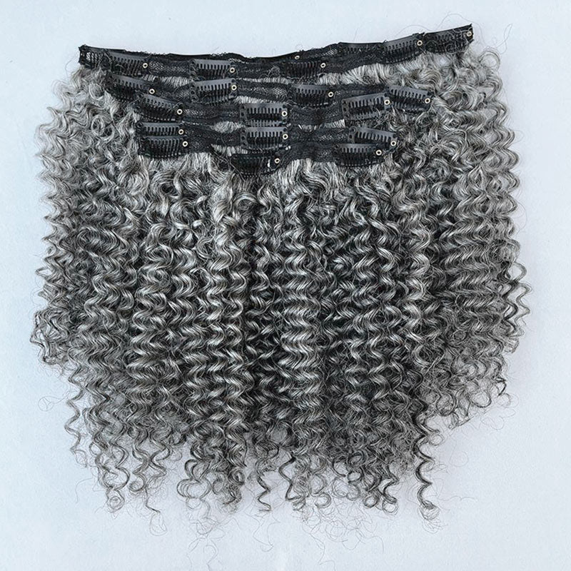 Soul Lady Wigs Silver Gray Jerry Curly Human Hair Clip In Hair Extensions 6 Pieces/Set Salt And Pepper Color