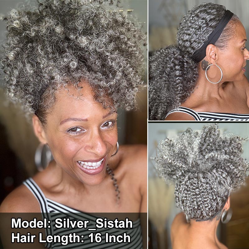 Silver Gray Curly Human Hair Headband Wigs for Black Women Salt and ...