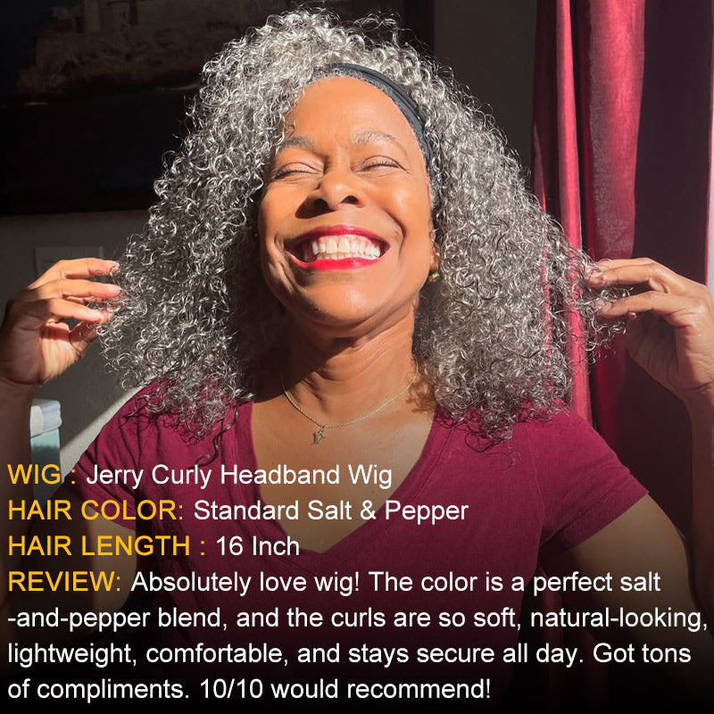 Gray Curly Headband Wigs Salt and Pepper Kinky Curly Human Hair