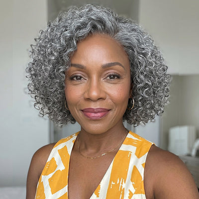 Soul lady wigs | Ruby | Short Jerry Curly Gray Wig | Real Salt & Pepper Human Hair Glueless Lace Wigs For Mature & Stylish Women over 50 year old-model  fashion siver  gray women over 60