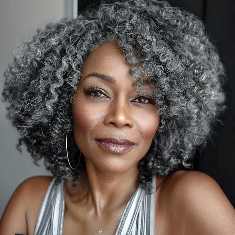 Medium Salt And Pepper Jerry Curly/Kinky Curly Clip In Human Hair Extensions 6 Pieces/Set Dark Grey-model