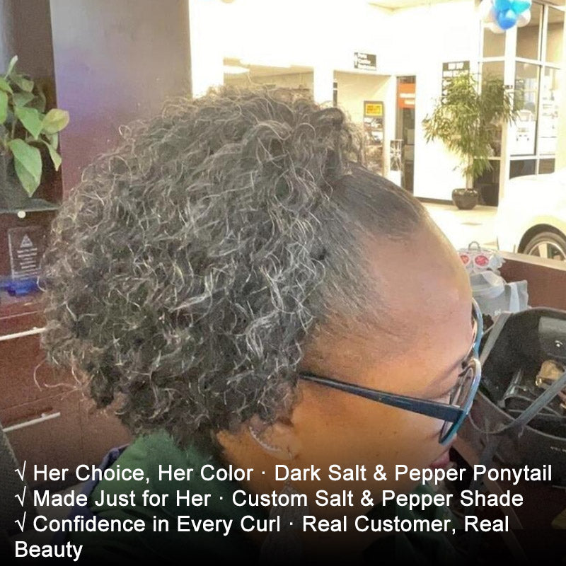 Soul lady wigs | Salt And Pepper Ponytail Jerry Curly Human Hair Drawstring Ponytail Hair Extensions Silver Gray Color-real customer share with ponytail hair