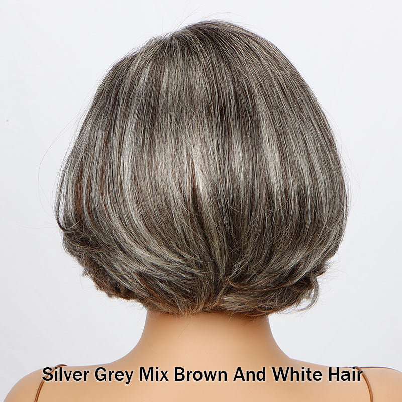 Custom Grey White Highlight Wig Short Brown Bob Natural Wavy Human Hair Glueless Lace Wigs For Mom