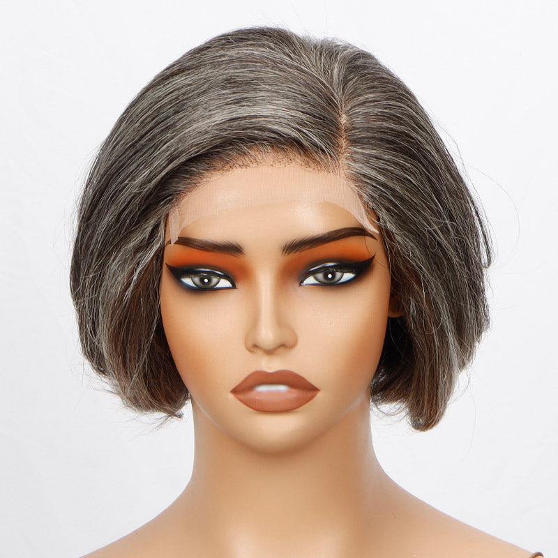 Soul Lady Custom Silver Grey Short Bob Wigs Salt And Pepper Mix Brown Hair Natural Straight Wavy Human Hair Glueless Lace Wigs For Women Over 60