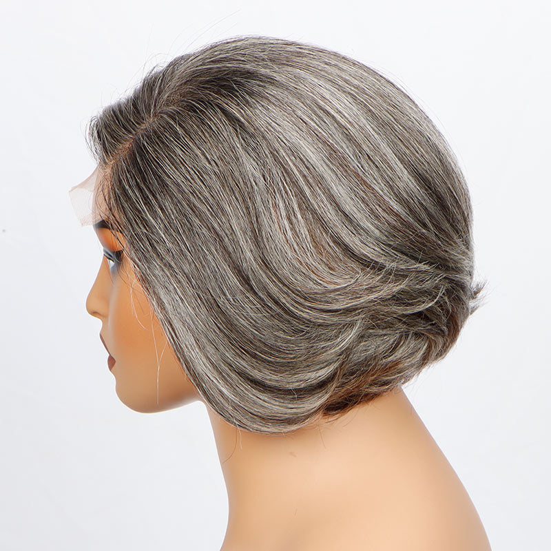Soul Lady Custom Silver Grey Short Bob Wigs Salt And Pepper Mix Brown Hair Natural Straight Wavy Human Hair Glueless Lace Wigs For Women Over 60