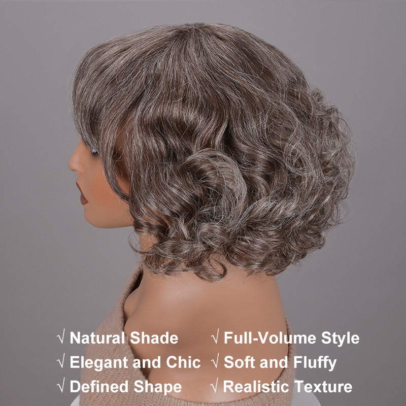 Soul Lady Beginner Friendly Brown Mixed Gray Glueless Bob Wig With Bangs Natural Loose Wavy Human Hair Wear To Go Wig For Older Women-side show