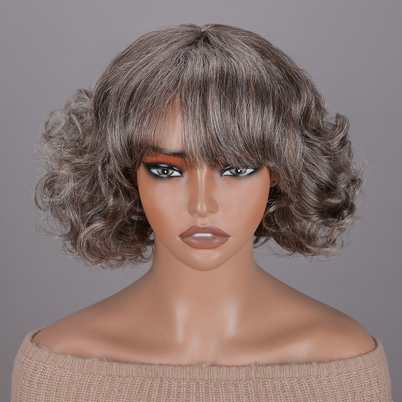 Soul Lady Beginner Friendly Brown Mixed Gray Glueless Bob Wig With Bangs Natural Loose Wavy Human Hair Wear To Go Wig For Older Women-front show