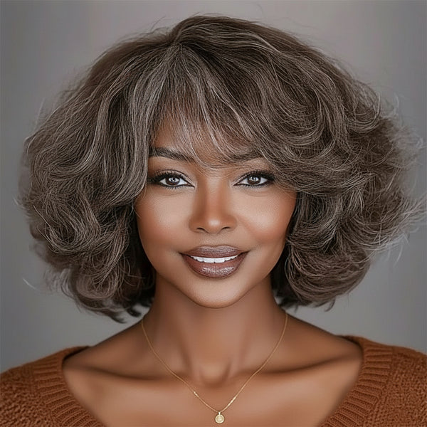 Soul Lady Beginner Friendly Brown Mixed Gray Glueless Bob Wig With Bangs Natural Loose Wavy Human Hair Wig For Older Women-model show