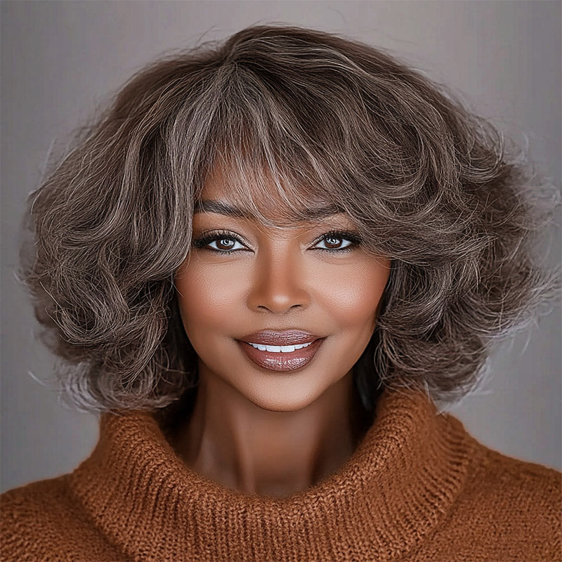 Soul Lady Beginner Friendly Brown Mixed Gray Glueless Bob Wig With Bangs Natural Loose Wavy Human Hair Wig For Older Women-model show