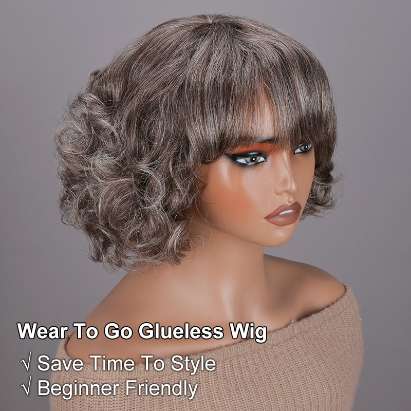 Soul Lady Beginner Friendly Brown Mixed Gray Glueless Bob Wig With Bangs Natural Loose Wavy Human Hair Wear To Go Wig For Older Women-side -show