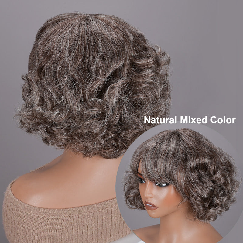 Soul Lady Beginner Friendly Brown Mixed Gray Glueless Bob Wig With Bangs Natural Loose Wavy Human Hair Wear To Go Wig For Older Women-back and side show