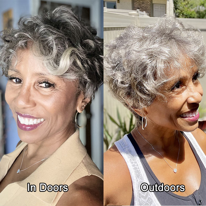 Salt & Pepper Edgy Pixie Cut Wig Natural Wave Human Hair Glueless Wigs For Seniors-customer share