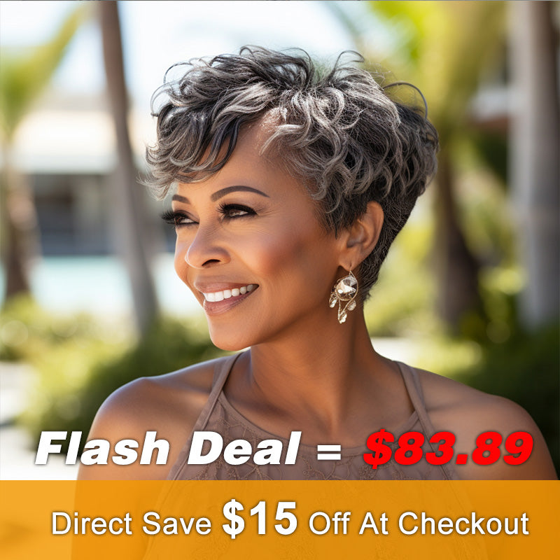 Salt & Pepper Edgy Pixie Cut Wig Natural Wave Human Hair Glueless Wigs For Seniors