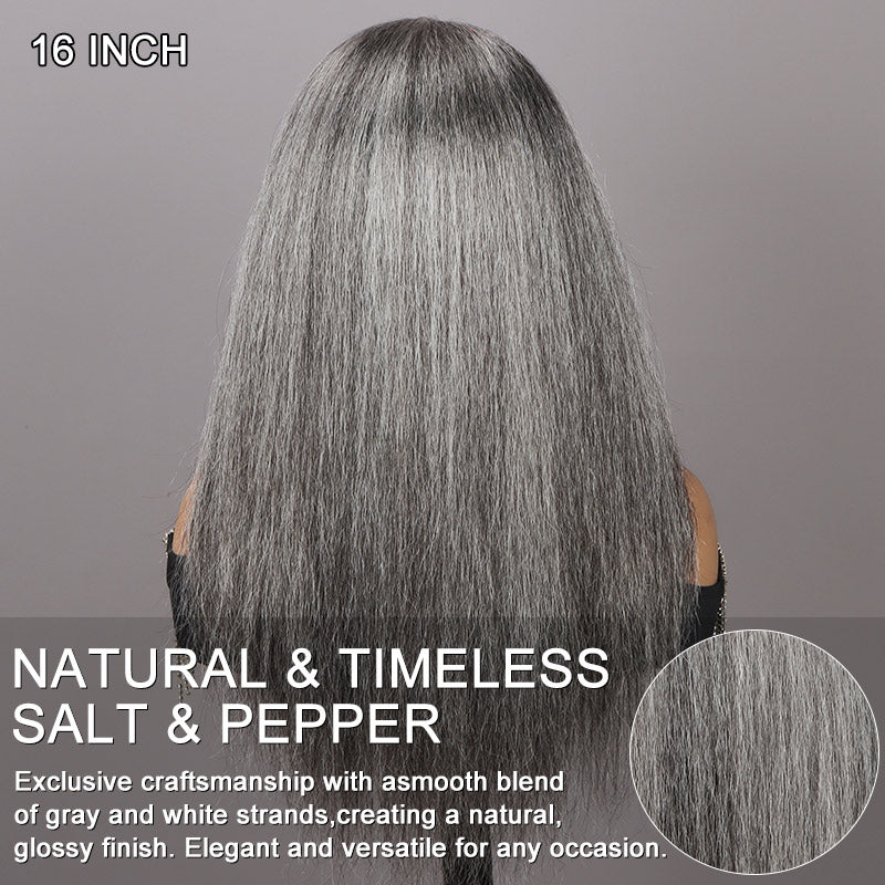 Soul Lady Silver Gray Straight Hair Headband Wig Real Human Hair Glueless Wigs For Women-standard salt and pepper color wig-back view details