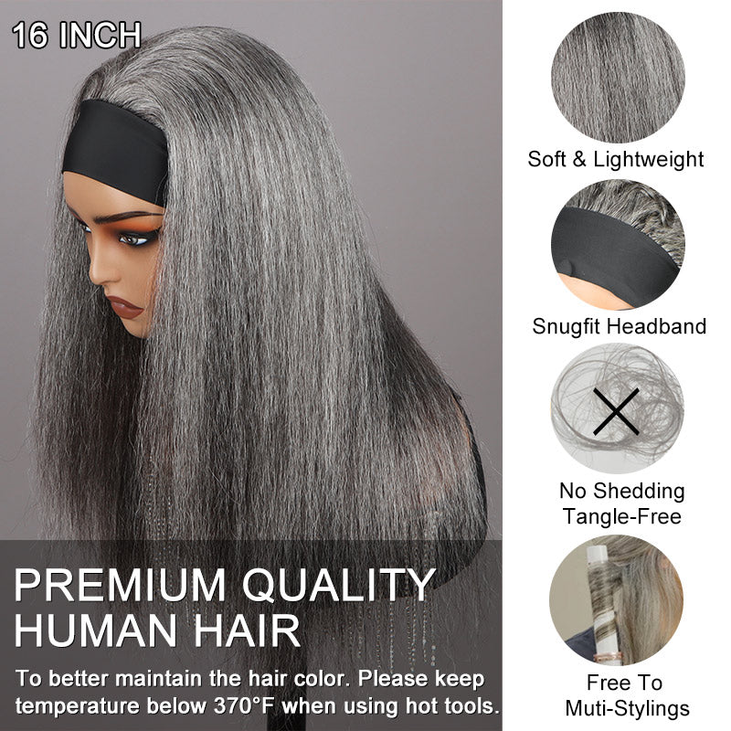 Soul Lady Silver Gray Straight Hair Headband Wig Real Human Hair Glueless Wigs For Women-standard salt and pepper color wig-side-front view details
