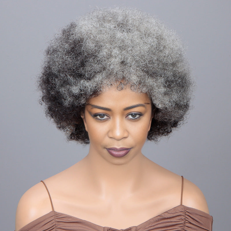 Beginner Friendly Wear To Go Wigs Salt And Pepper Short Afro 4C Kinky Curly Human Hair Glueless Wig For Older Women