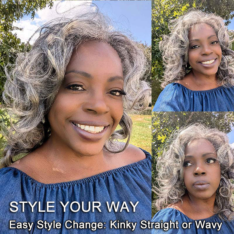 Soul lady Salt And Pepper Kinky Straight Human Hair 3/4 Half Wig Kinky Blow Out Glueless 3 In 1 Wigs-body wave style