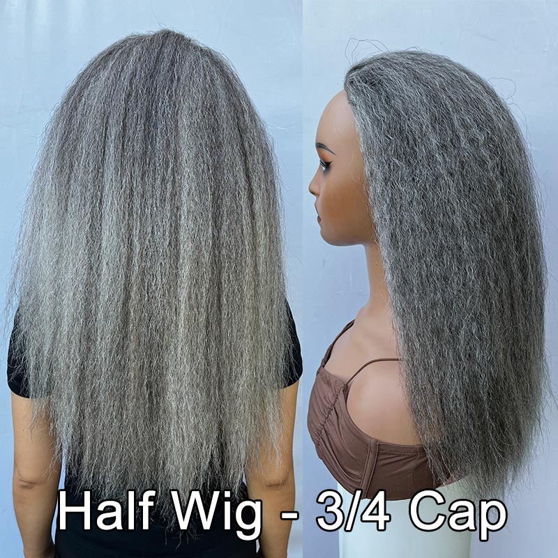 Salt And Pepper Kinky Straight Human Hair 3/4 Half Wig Kinky Blow Out Glueless 3 In 1 Wigs-side-show