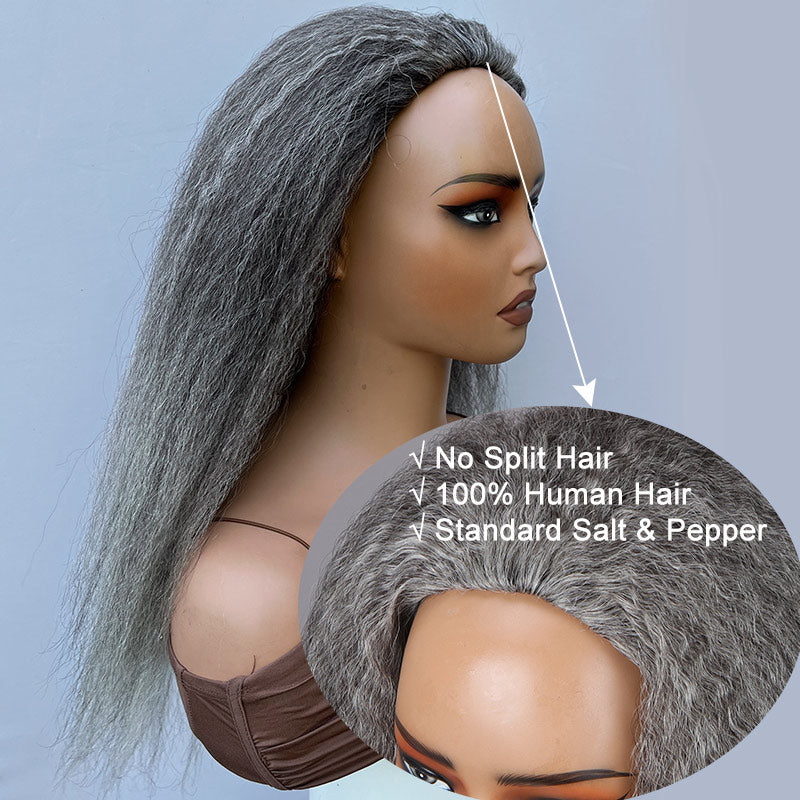 Salt And Pepper Kinky Straight Human Hair 3/4 Half Wig Kinky Blow Out Glueless 3 In 1 Wigs-top side show