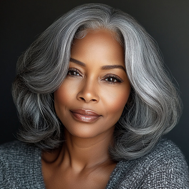 Seniors Wear-Go V-Part Wig Salt & Pepper Natural Straight Wavy Bob Real Human Hair Glueless Wigs For Women