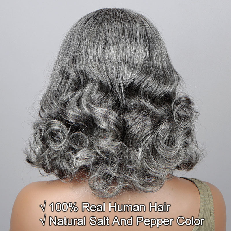 Soul Lady Beginner Friendly Salt And Pepper V-Part Wig Real Human Hair Loose Body Wave Glueless Wigs For Seniors-back image show