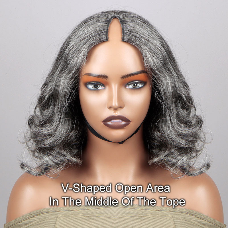 Soul Lady Beginner Friendly Salt And Pepper V-Part Wig Real Human Hair Loose Body Wave Glueless Wigs For Seniors-front image show