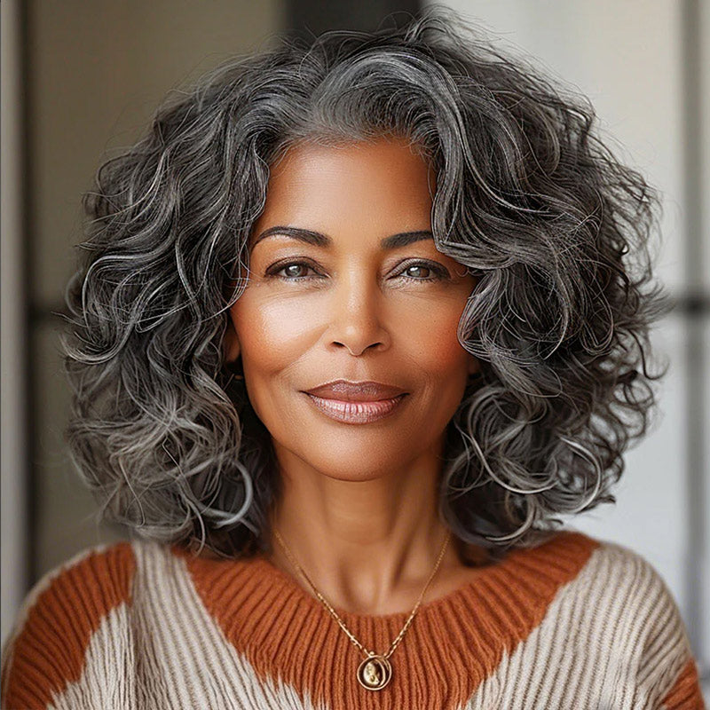 Soul Lady Attractive Seniors Salt And Pepper Wig Real Human Hair Loose Wave Bob 5x5 HD Lace Wigs For Mom