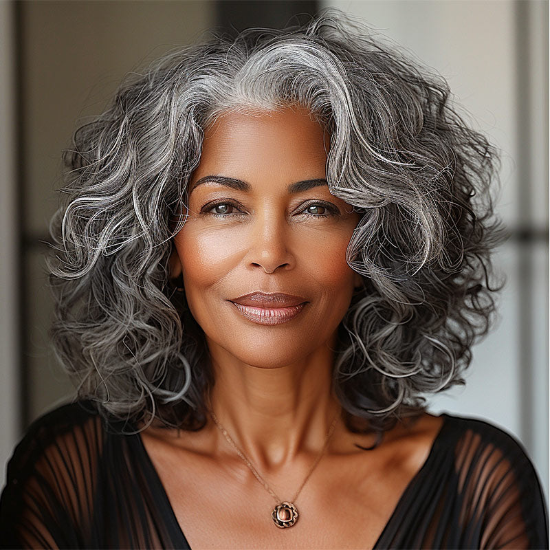 Soul Lady Attractive Seniors Salt And Pepper Wig Real Human Hair Loose Wave Bob 5x5 HD Lace Wigs For Mom Over 50