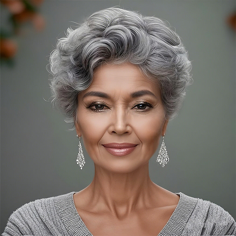 Soul lady wigs Short Silver Grey Pixie Cut Wig Natural Wave Human Hair Salt And Pepper Glueless Wigs For Older Women-GPXW001C