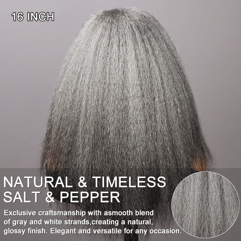 Soul Lady Glueless Salt & Pepper Wigs Grey yaki hair Kinky Straight Human Hair Wear To Go Headband Wigs for women summer hairstyle wig-back view