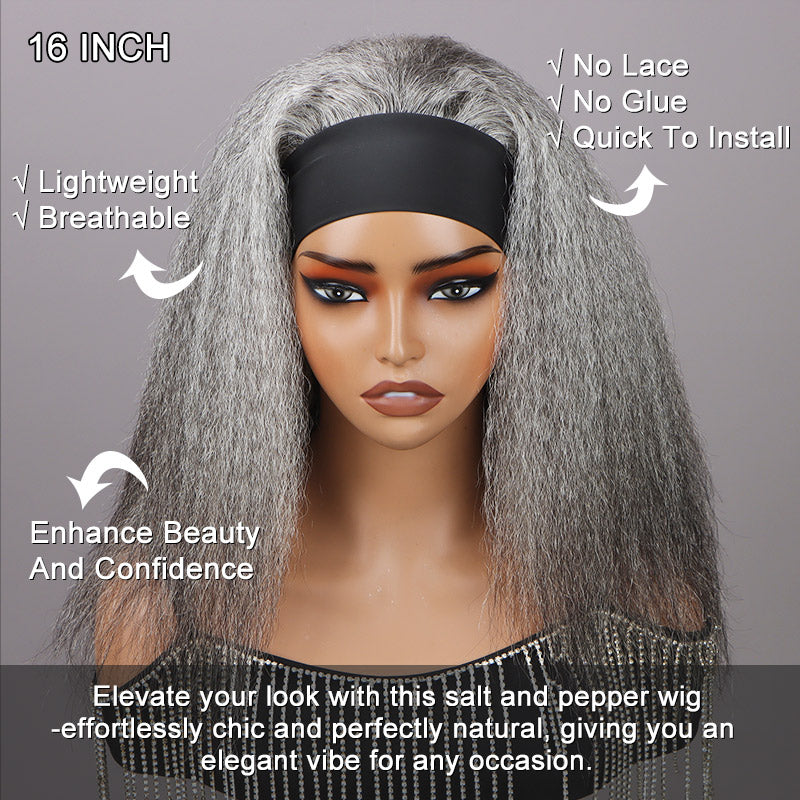 Soul Lady Glueless Salt & Pepper Wigs Grey yaki hair Kinky Straight Human Hair Wear To Go Headband Wigs for women summer hairstyle wig-front view