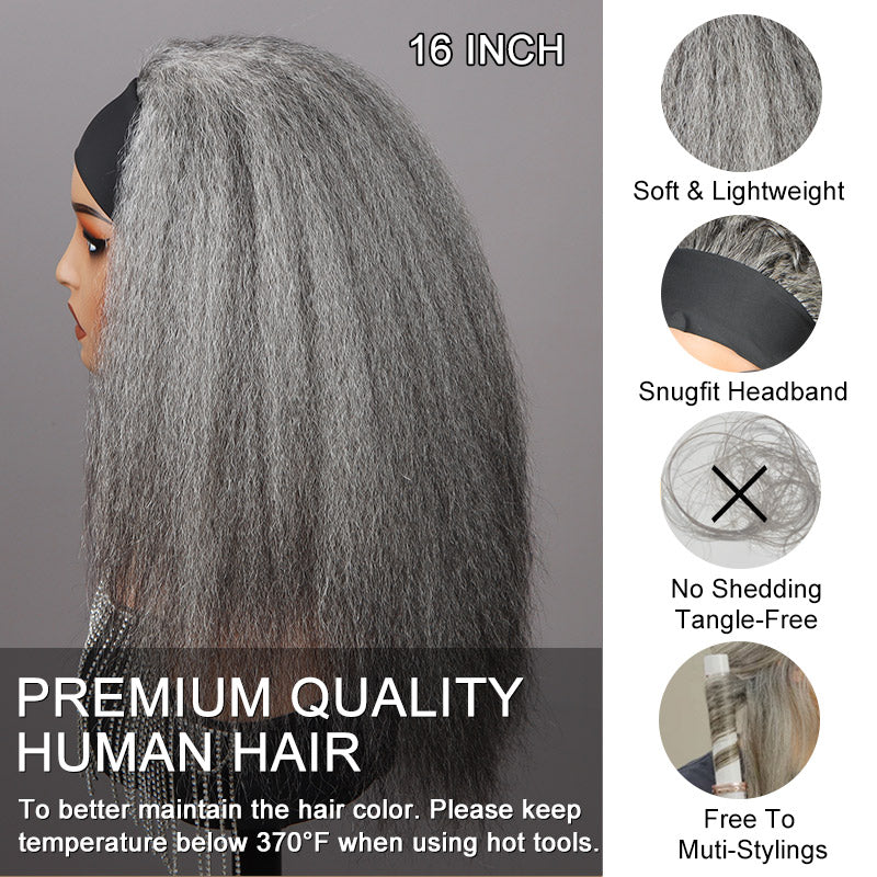 Soul Lady Glueless Salt & Pepper Wigs Grey yaki hair Kinky Straight Human Hair Wear To Go Headband Wigs for women summer hairstyle wig-side view