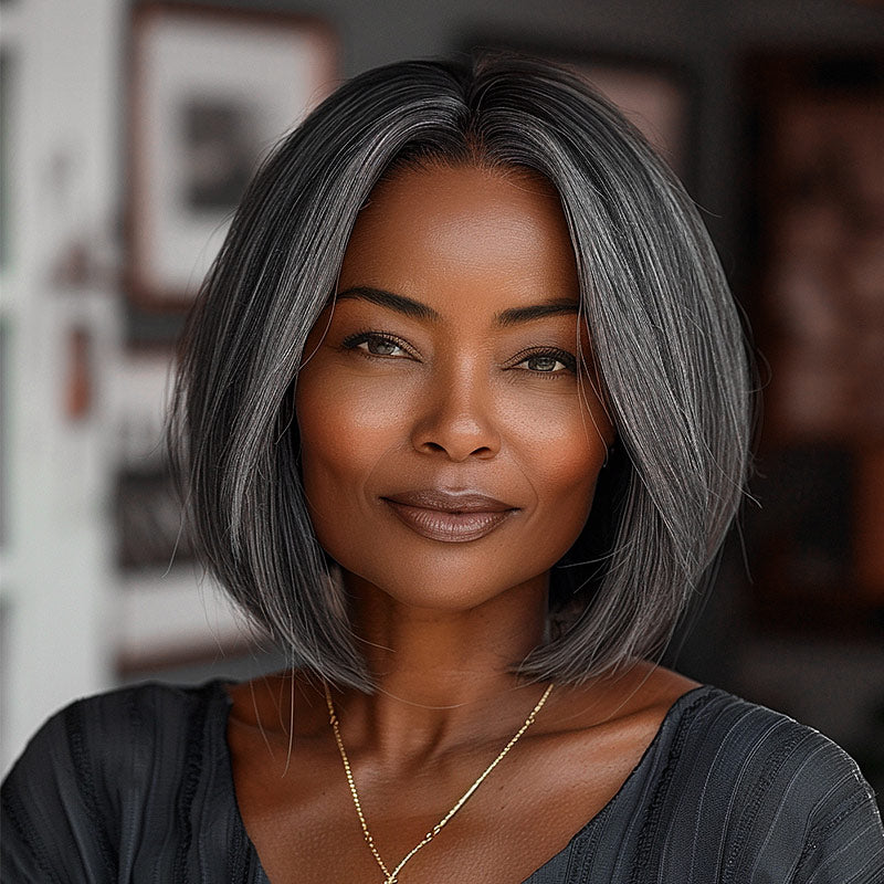 Classic Women's Hairstyle Salt and Pepper Straight Bob Real Human Hair Wear Go Glueless Lace Wigs For Mom-medium salt and pepper color wig