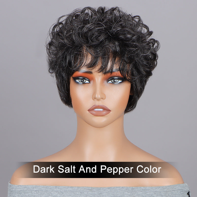 Short Curly Layered Pixie Cut Wig Dark Salt And Pepper Human  display picture 1