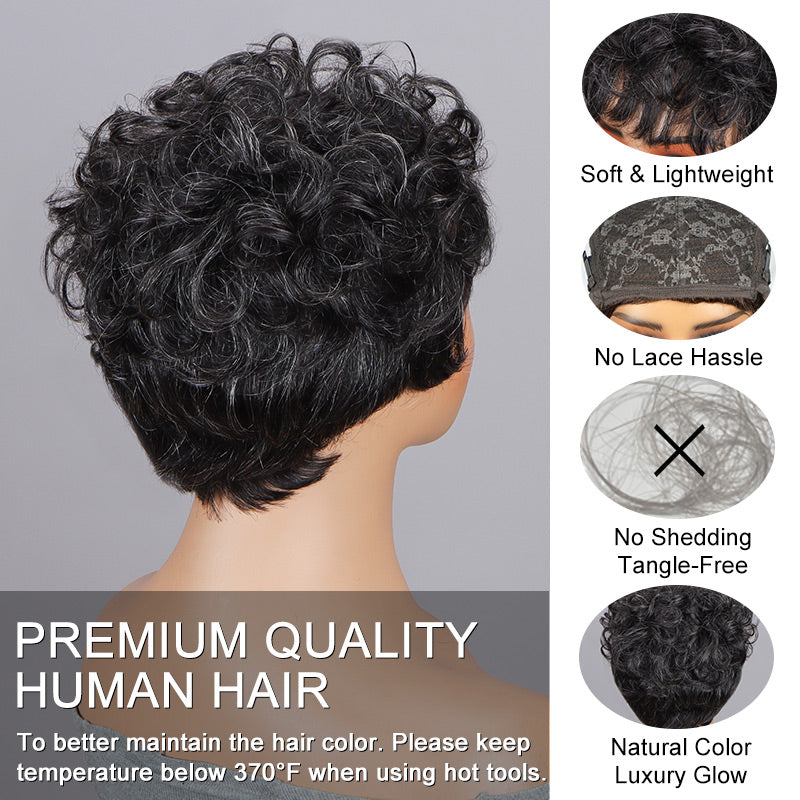 Short Curly Layered Pixie Cut Wig Dark Salt And Pepper Human  display picture 1