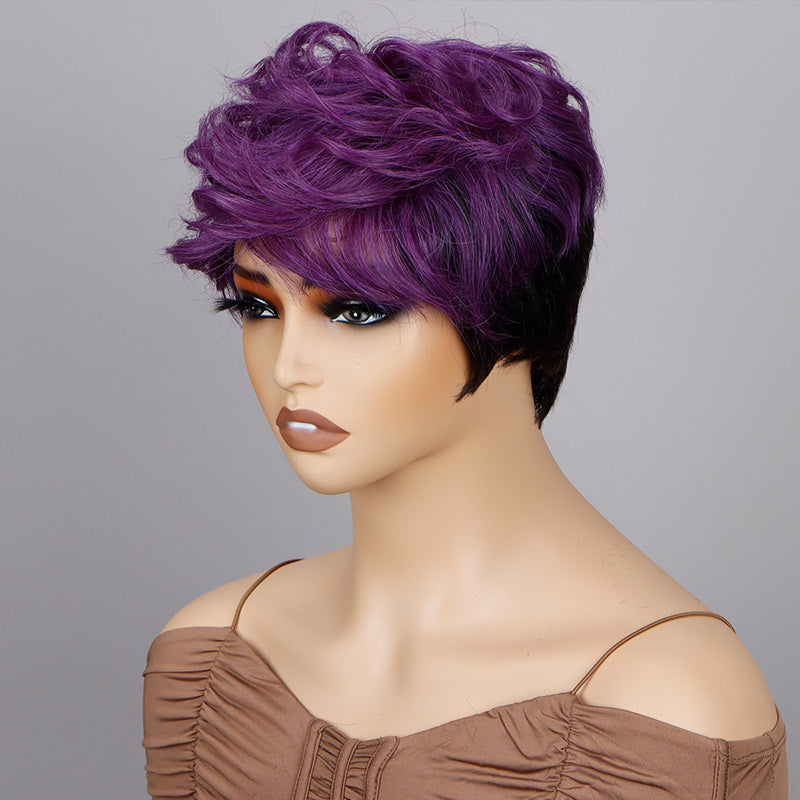 Custom Wig Two-Toned Edgy Pixie Haircut With Purple Layers Water Wave Human Hair Wear And Go Glueless Non-Lace Wig
