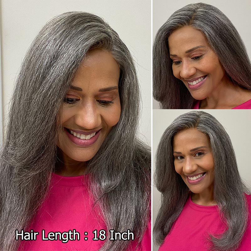 Soul Lady Wigs| Silver fox straight human hair wig for Black women – soft, natural gray tone with full, silky texture.
