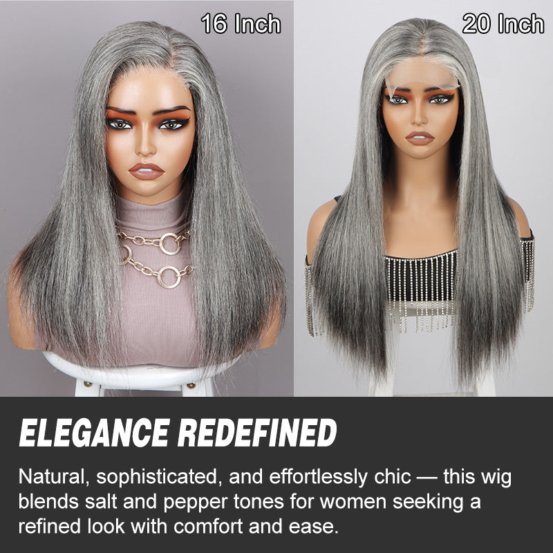 Soul Lady wigs Salt And Pepper Wig Straight Hair Long Wig 5x5 HD Lace Wigs For Elegant Seniors Women-gray wig details show- and features