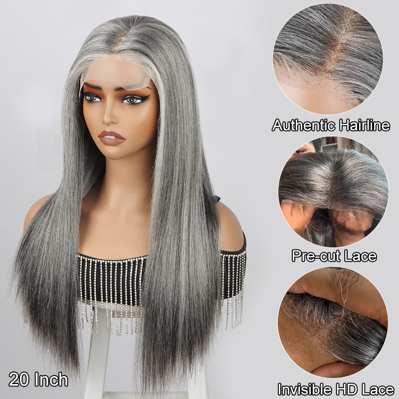 Soul Lady wigs Salt And Pepper Wig Straight Hair Long Wig 5x5 HD Lace Wigs For Elegant Seniors Women-20 inch wig details show