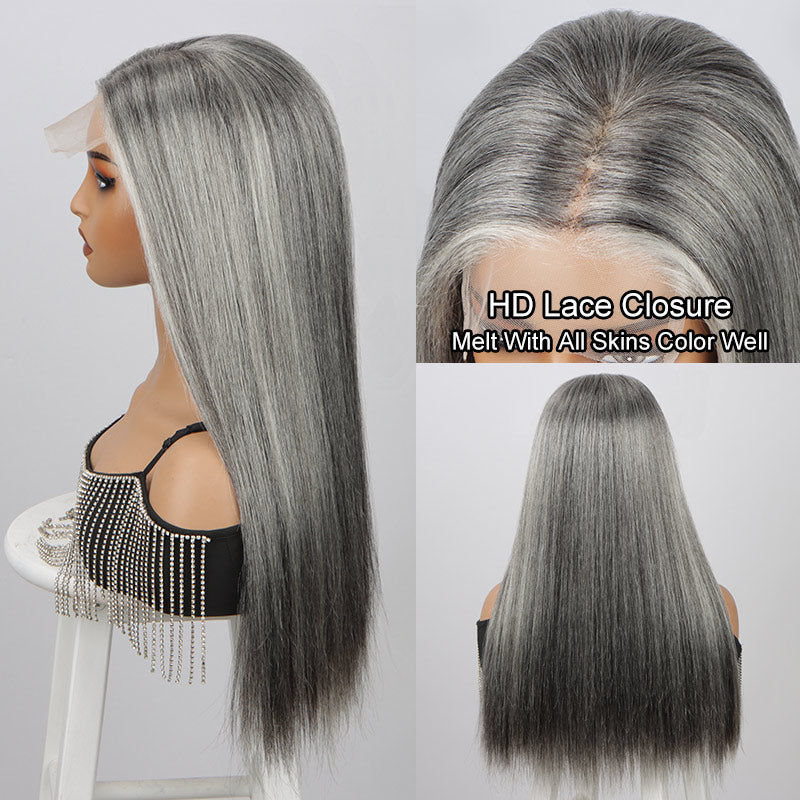 Soul Lady Foxy Silver Human Hair Wigs - Salt And Pepper Straight 5x5 HD Lace Wig For Older Women over 60
