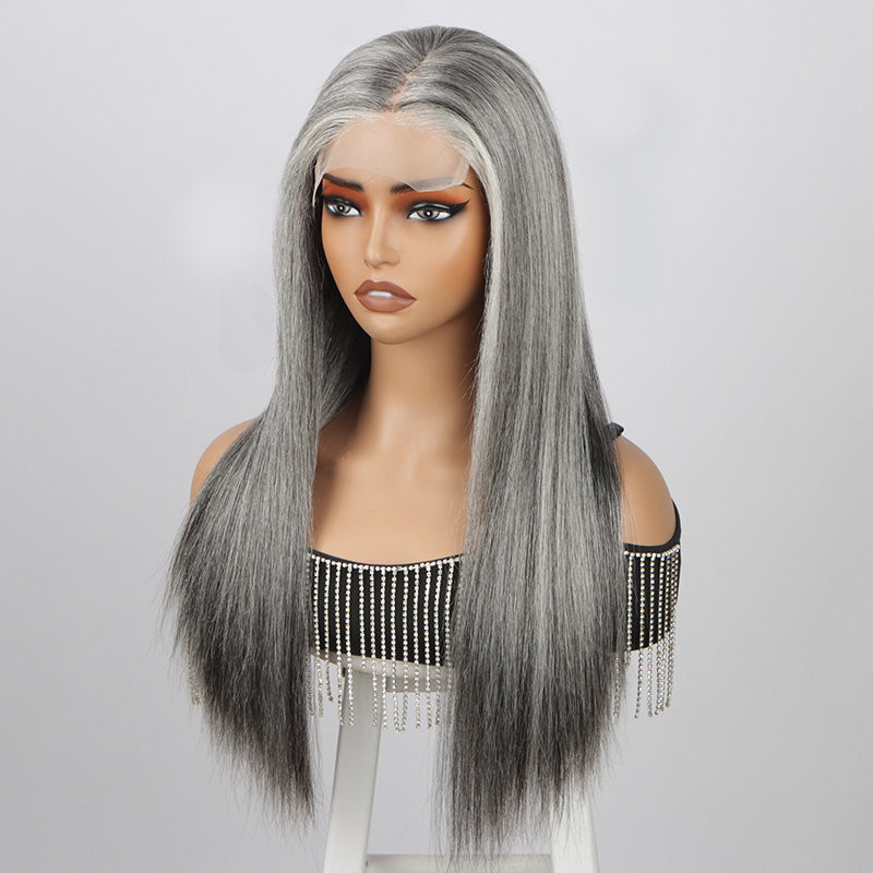 Soul Lady Foxy Silver Human Hair Wigs - Salt And Pepper Straight 5x5 HD Lace Wig For Older Women over 50