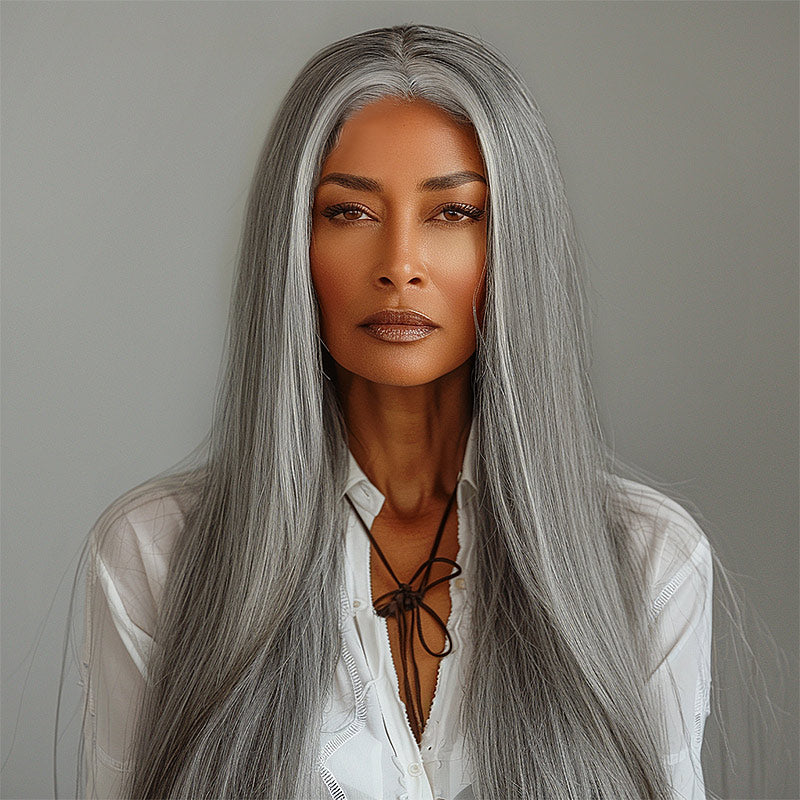Soul Lady Foxy Silver Human Hair Wigs - Salt And Pepper Straight 5x5 HD Lace Wig For Older Women