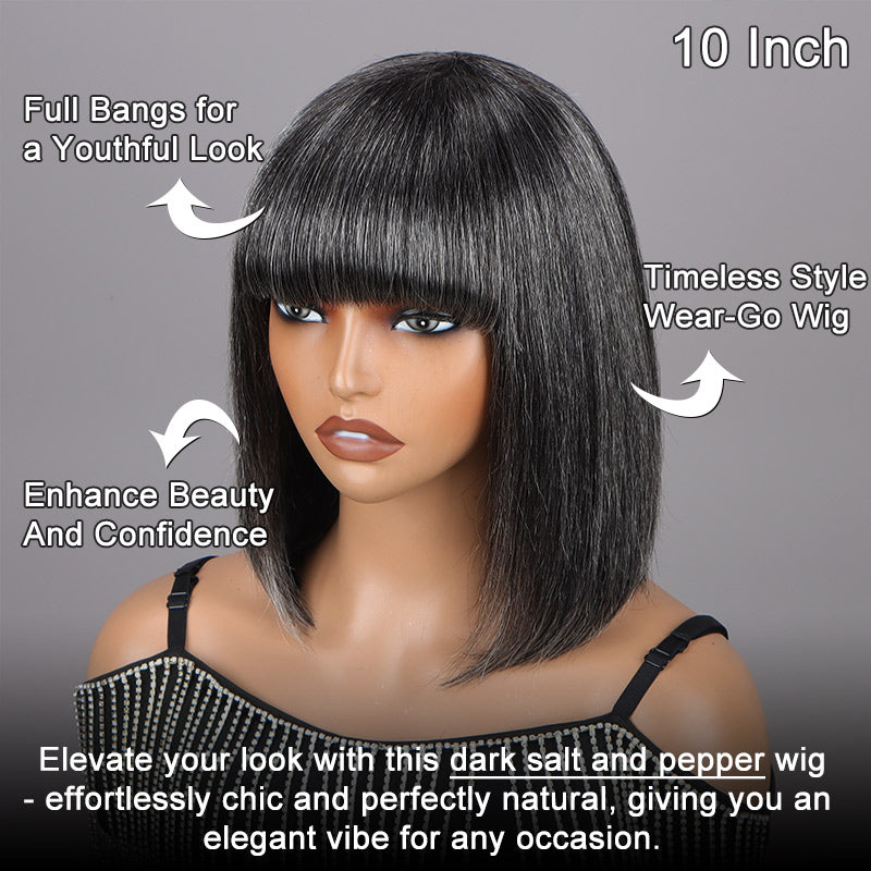 Renee | Chic Salt & Pepper Straight Bob Wig With Bangs Real Glueless Human Hair Wigs For Women-dark salt and pepper blend wig for older women over 50